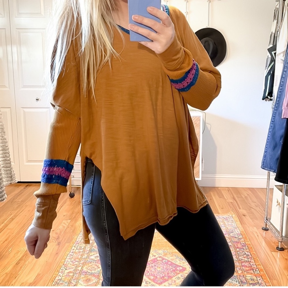 Natural Life mustard oversized boho comfy cotton crochet hippie long sleeve top - Picture 2 of 15